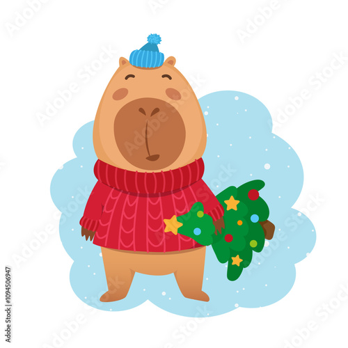 Cute Christmas capybara in red sweater with Christmas tree. Christmas kawaii cartoon characters