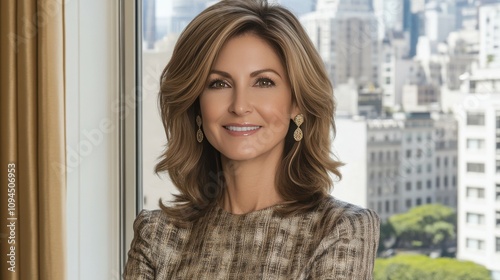 Free Download A woman stands by a window with a city skyline view, wearing elegant attire and exuding confidence. Natural light highlights her features in a modern office setting - GFXLoad