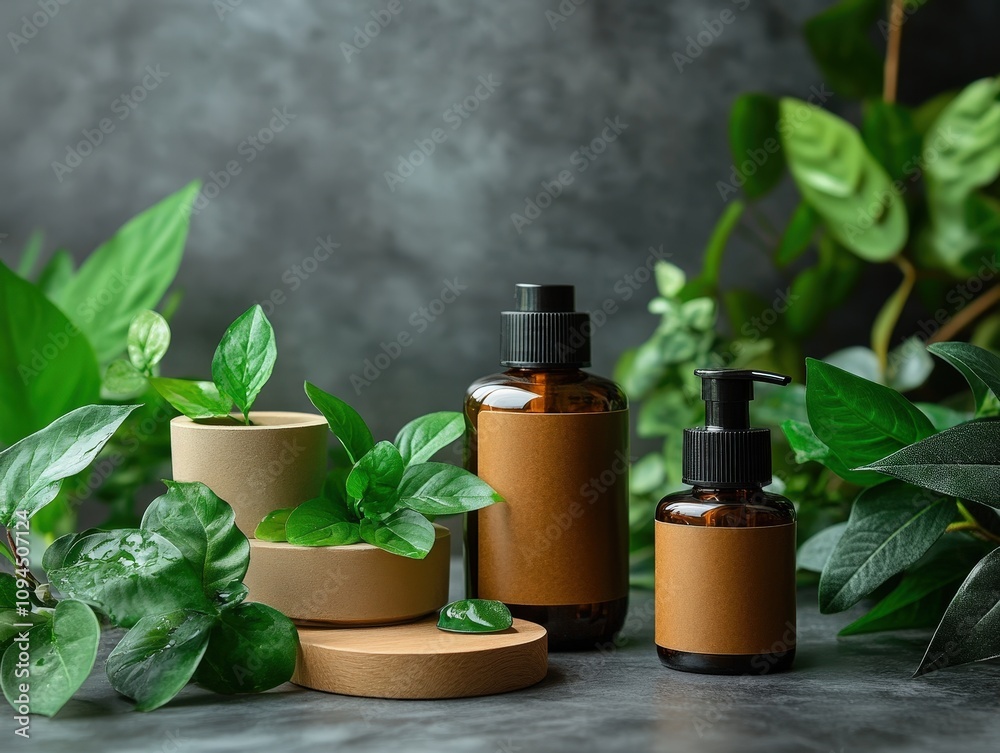 Elegant arrangement of natural skincare products surrounded by lush greenery, ideal for wellness and beauty themes.