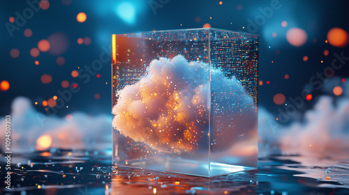 Illustrate a glass prism with a cloud of digital data inside, highlighting the idea