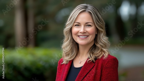 A confident woman stands outdoors in a garden, wearing a red blazer. Her smile reflects positivity and warmth, with blurred greenery in the background enhancing the serene atmosphere