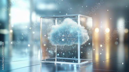 Illustrate a glass prism with a cloud of digital data inside, highlighting the idea