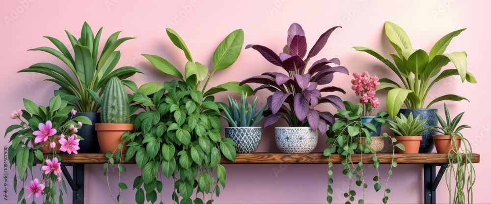 Fototapeta premium Vibrant Exotic Plant Shelf Nature Inspired Background Tranquil Minimalist Design