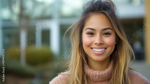 A young woman with long, wavy hair and a warm smile stands outdoors in front of a modern building. The atmosphere is bright and cheerful, typical of a sunny day