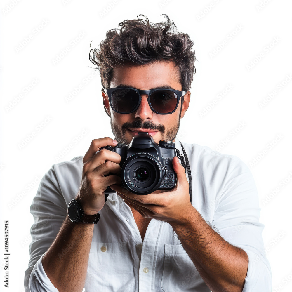 Young man holding a camera is ready to capture moments with a confident smile Young man holding a camera is ready to capture moments with a confident smile
