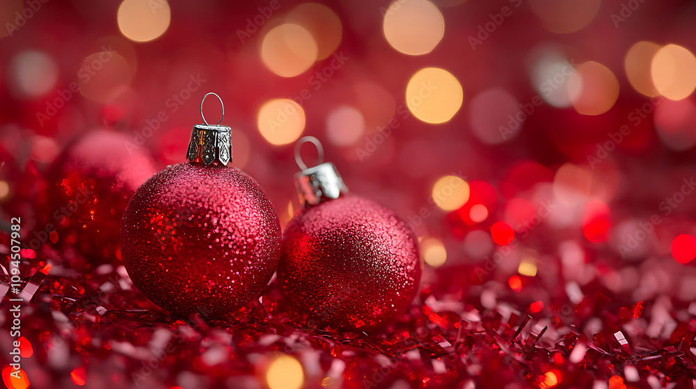 Festive christmas ornament on red background with bokeh. Festive christmas ornament on red background with bokeh.