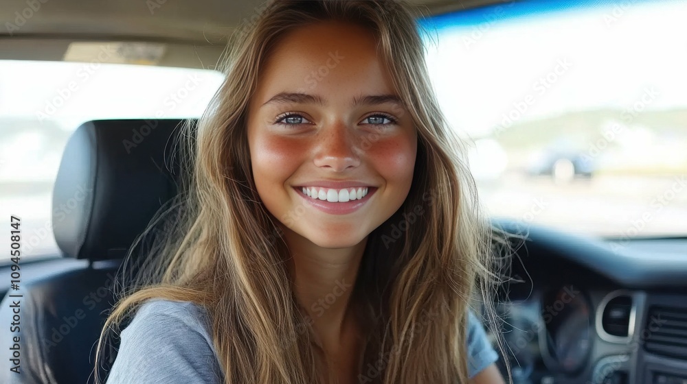 A cheerful young woman sits in the driver's seat of a car, enjoying the sunny weather. Her radiant smile and relaxed demeanor create a positive atmosphere A cheerful young woman sits in the driver's seat of a car, enjoying the sunny weather. Her radiant smile and relaxed demeanor create a positive atmosphere
