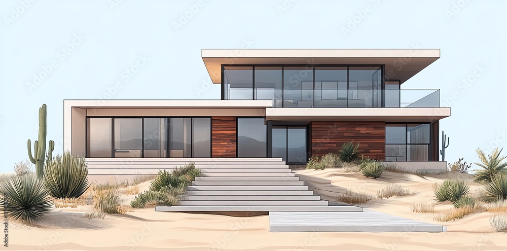 Modern house with wooden siding and large windows in a desert landscape with cacti and steps. Modern house with wooden siding and large windows in a desert landscape with cacti and steps.