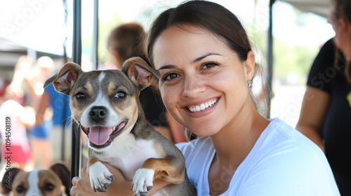 A pet adoption event with volunteers matching rescued animals to loving families, showcasing compassionate animal care.