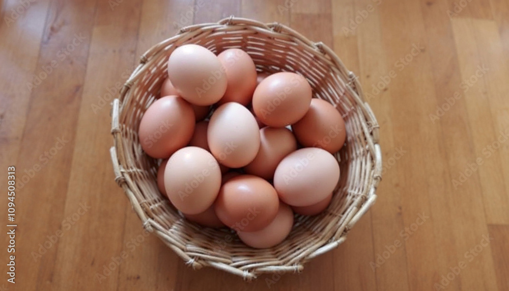 The eggs in the basket are placed on the wooden floor. The eggs in the basket are placed on the wooden floor.