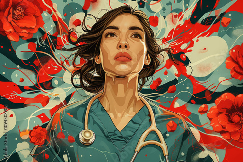 Artistic heroic portrait of nurse in scrubs, set against vibrant colorful background blending elements of healthcare and creativity, evoking sense of admiration and respect for healthcare workers