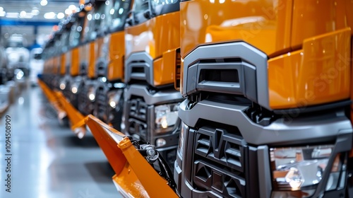 Bright orange snowplow trucks parked in a garage, prepared for winter snow management operations