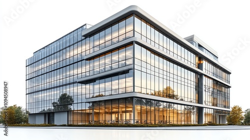 Modern office building with glass facade isolated on white background.