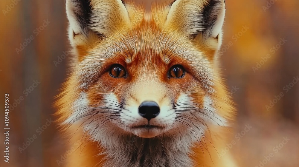 A red fox stands still, its bright orange fur contrasting with the blurred autumnal background. The fox gazes curiously, showcasing its sharp features and alert demeanor A red fox stands still, its bright orange fur contrasting with the blurred autumnal background. The fox gazes curiously, showcasing its sharp features and alert demeanor