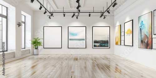 Bright art gallery interior with framed artwork on white walls and spotlight track lighting.