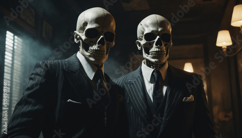 skeleton wearing a mafia suit posing in the camera, movie like vibes with cinematic lighting photo