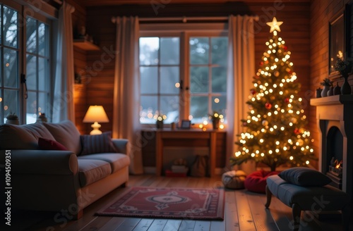 Christmas background in country style room, bokeh, rays from stars, side soft light 