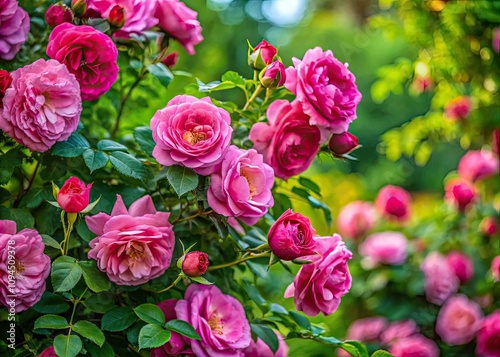 Beautiful Rose Bush with Vibrant Pink Flower Heads in a Lush Garden Setting - Captivating Nature Close-Up, Botanical Beauty, Floral Photography, Garden Aesthetics, Outdoor Serenity