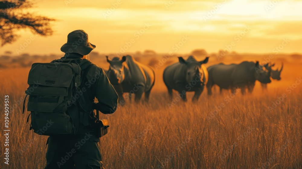 A ranger monitoring a herd of rhinos in a protected reserve, ensuring their safety from poaching. A ranger monitoring a herd of rhinos in a protected reserve, ensuring their safety from poaching.