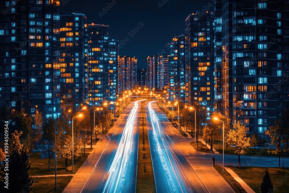 Fototapeta premium Vibrant eco-district illuminated by smart, energy-efficient infrastructure harmonious urban development