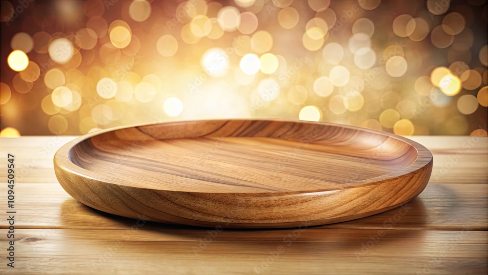 Beautifully Crafted Round Wooden Serving Plate with Natural Grain and Smooth Finish on White Background - Bokeh Effect Photography Beautifully Crafted Round Wooden Serving Plate with Natural Grain and Smooth Finish on White Background - Bokeh Effect Photography