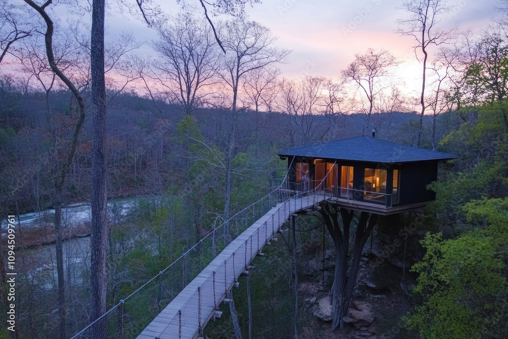 A serene treehouse with a bridge overlooking a river at sunset. A serene treehouse with a bridge overlooking a river at sunset.