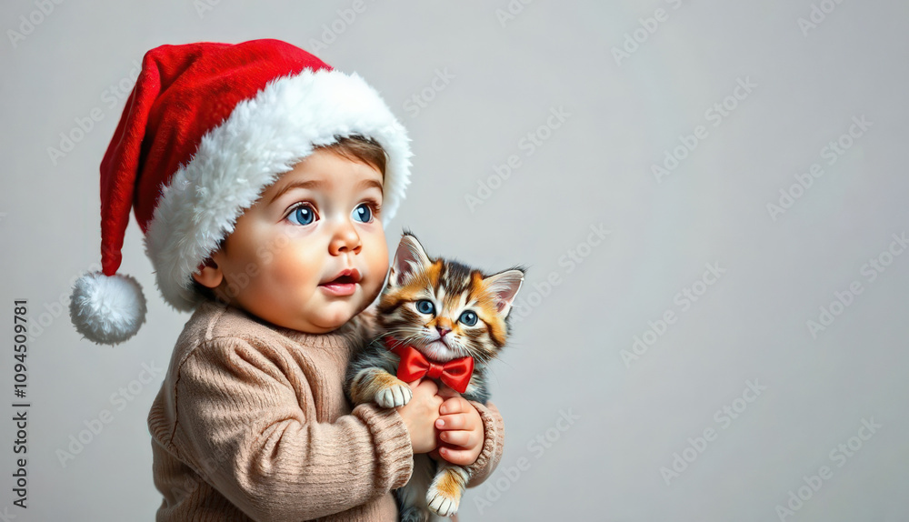 banner, cute baby in christmas pajamas holding kitten in christmas hat and bow, space for text on the right banner, cute baby in christmas pajamas holding kitten in christmas hat and bow, space for text on the right