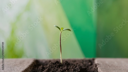 Young plant sprouting in soil with lush background. photo