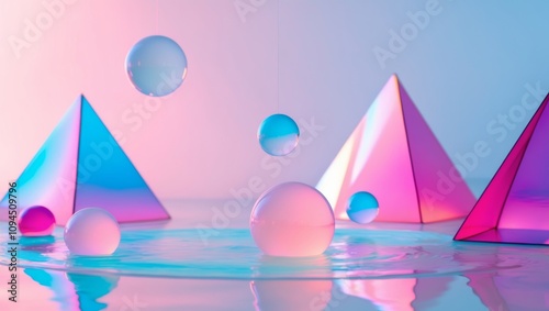 Neon Dreams Translucent Orbs Pyramids in Liquid. photo