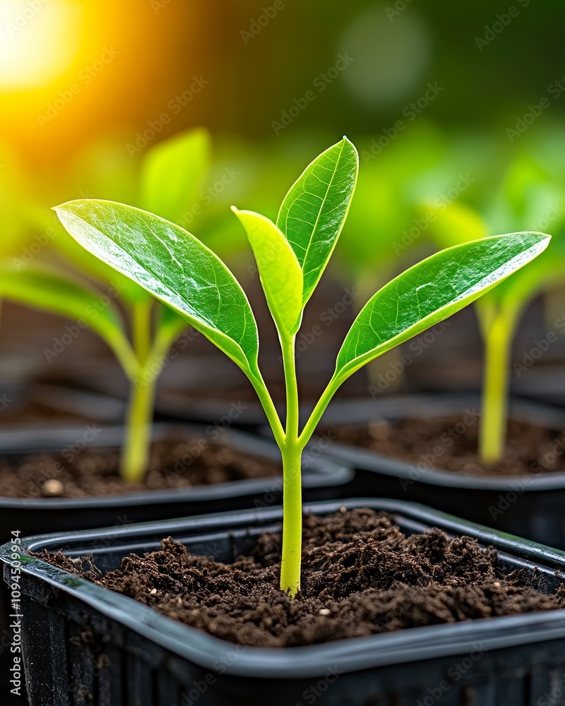 Young Green Seedlings Growing in Pots Spring Growth Agriculture Plants Young Green Seedlings Growing in Pots Spring Growth Agriculture Plants