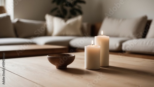 Wooden Coffee Table with Candles and a Bowl in a Cozy Living Room.