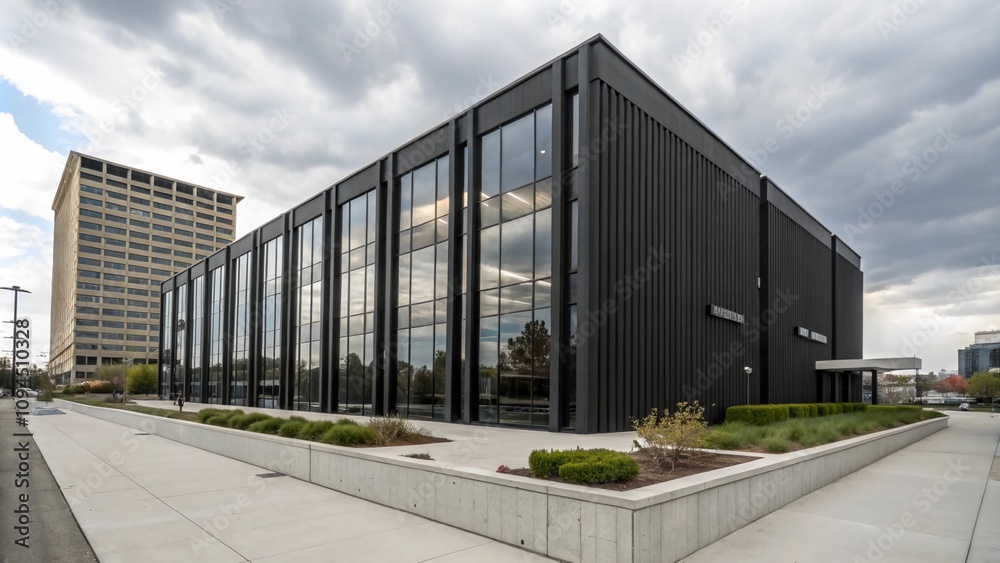 A minimalist office tower with a dark, matte-black exterior and expansive glass windows A minimalist office tower with a dark, matte-black exterior and expansive glass windows