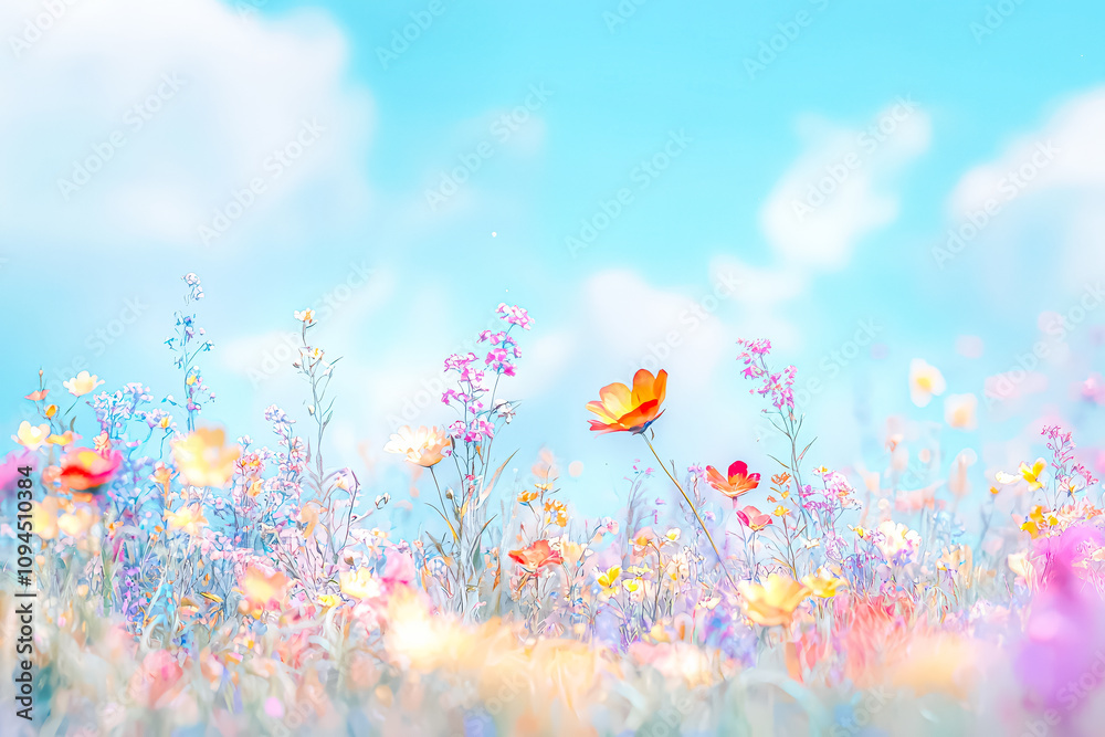 Field of flowers with a blue sky in the background. The flowers are in full bloom and the sky is clear and bright Field of flowers with a blue sky in the background. The flowers are in full bloom and the sky is clear and bright