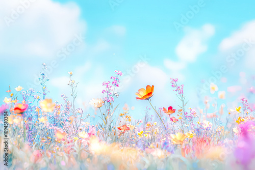 Field of flowers with a blue sky in the background. The flowers are in full bloom and the sky is clear and bright