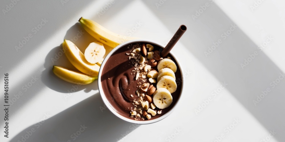 Creamy chocolate smoothie with nuts and bananas. Creamy chocolate smoothie with nuts and bananas.