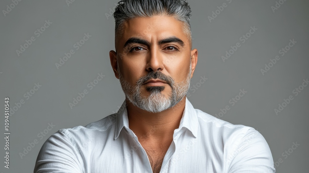 A man stands with his arms crossed, showcasing a well-groomed beard and stylish gray hair. He exudes confidence and poise in a simple studio environment