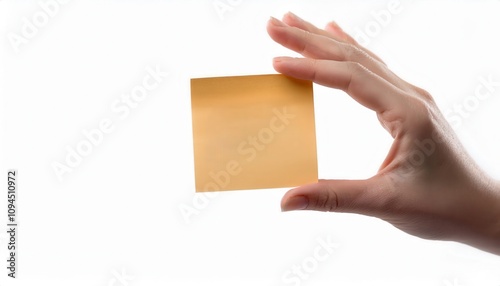 Hand holding a blank sticky note for notes or reminders. photo