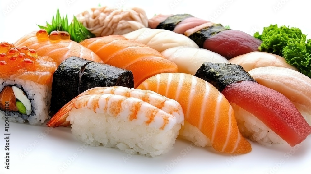 A diverse assortment of sushi is arranged neatly on a white plate, showcasing vibrant ingredients like salmon, tuna, and shrimp garnished with green herbs A diverse assortment of sushi is arranged neatly on a white plate, showcasing vibrant ingredients like salmon, tuna, and shrimp garnished with green herbs