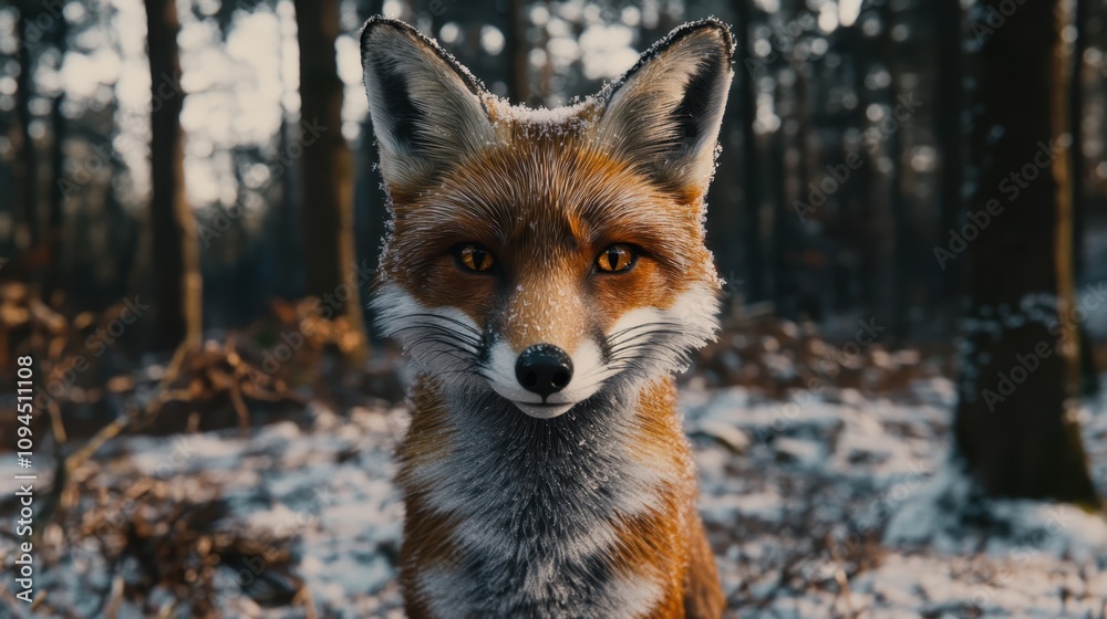 Fototapeta premium A wild fox in a snowy forest, peering curiously into the camera lens, captured in natural lighting.