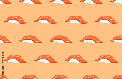 seamless pattern with salmon nigiri on orange background.