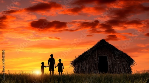 Silhouetted Family at Sunset Rural Hut African Landscape