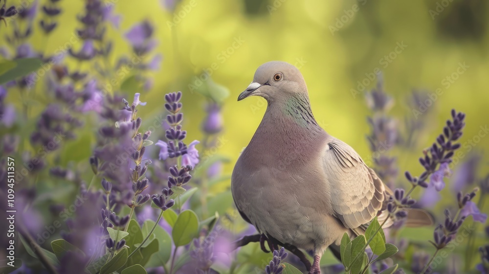 Serene Dove Perched on a Branch Amidst Lush Green Leaves