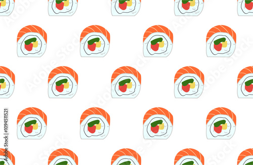 seamless pattern with uramaki sushi on white background.