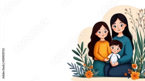 Happy Family Portrait Mom Daughter Son Illustration Love Mother s Day Children Family Unity Cute