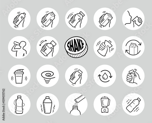 Shake icons set. Set for package, shows user instruction. The outline icons are well scalable and editable. Contrasting vector elements are good for different backgrounds. EPS10.