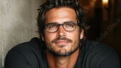 A man with tousled hair and glasses leans against a textured wall, showcasing a relaxed demeanor in a cozy, dimly lit environment. The soft light enhances his approachable vibe