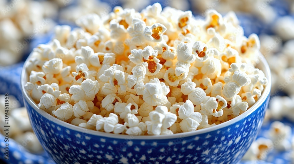 A vibrant blue bowl filled with fluffy white popcorn rests on a decorative cloth, suggesting a cozy movie night atmosphere perfect for sharing with loved ones A vibrant blue bowl filled with fluffy white popcorn rests on a decorative cloth, suggesting a cozy movie night atmosphere perfect for sharing with loved ones