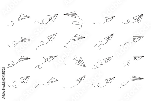 Hand drawn doodle paper plane set. isolated planes flight path. Line airplane icon travel, route. 