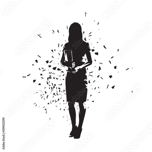 Teacher or business woman standing and holding documents, isolated distorted vector silhouette, ink drawing