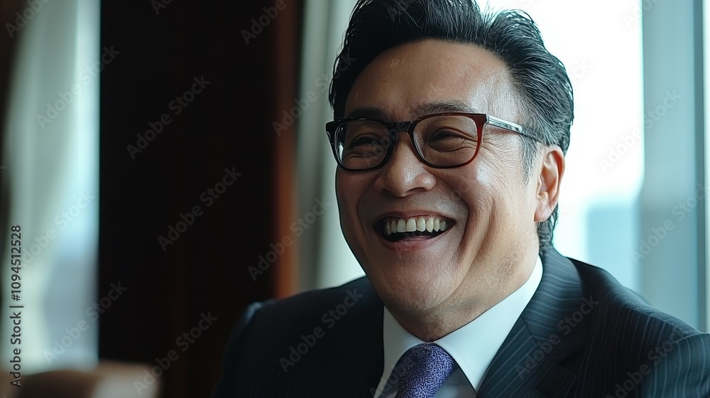 A businessman with glasses beams with joy during a discussion in a sleek office. Bright sunlight streams through large windows, illuminating the modern space and his happy expression A businessman with glasses beams with joy during a discussion in a sleek office. Bright sunlight streams through large windows, illuminating the modern space and his happy expression